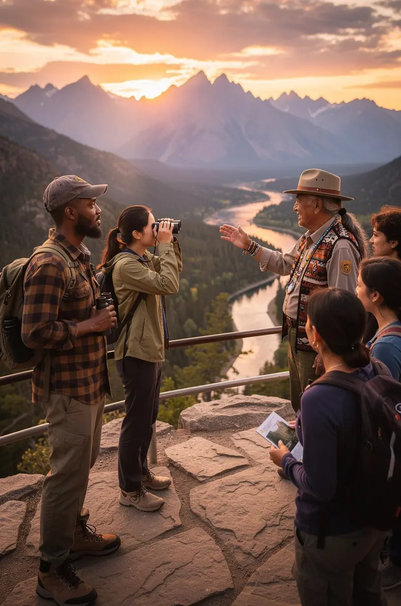 Туристы с рюкзаками и снаряжением, ожидающие шаттл для отправления в национальный парк.