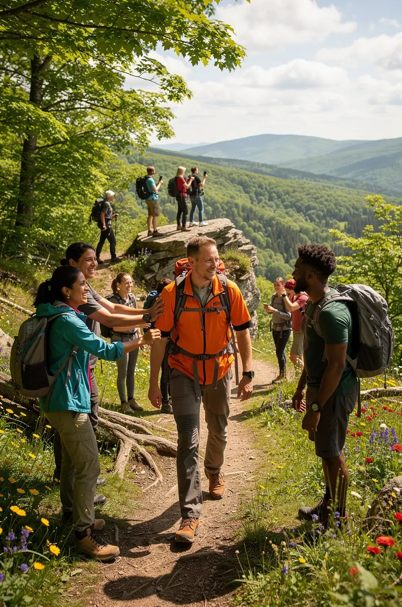 Современный шаттл на фоне горного пейзажа национального парка, готовый к отправлению с туристами.