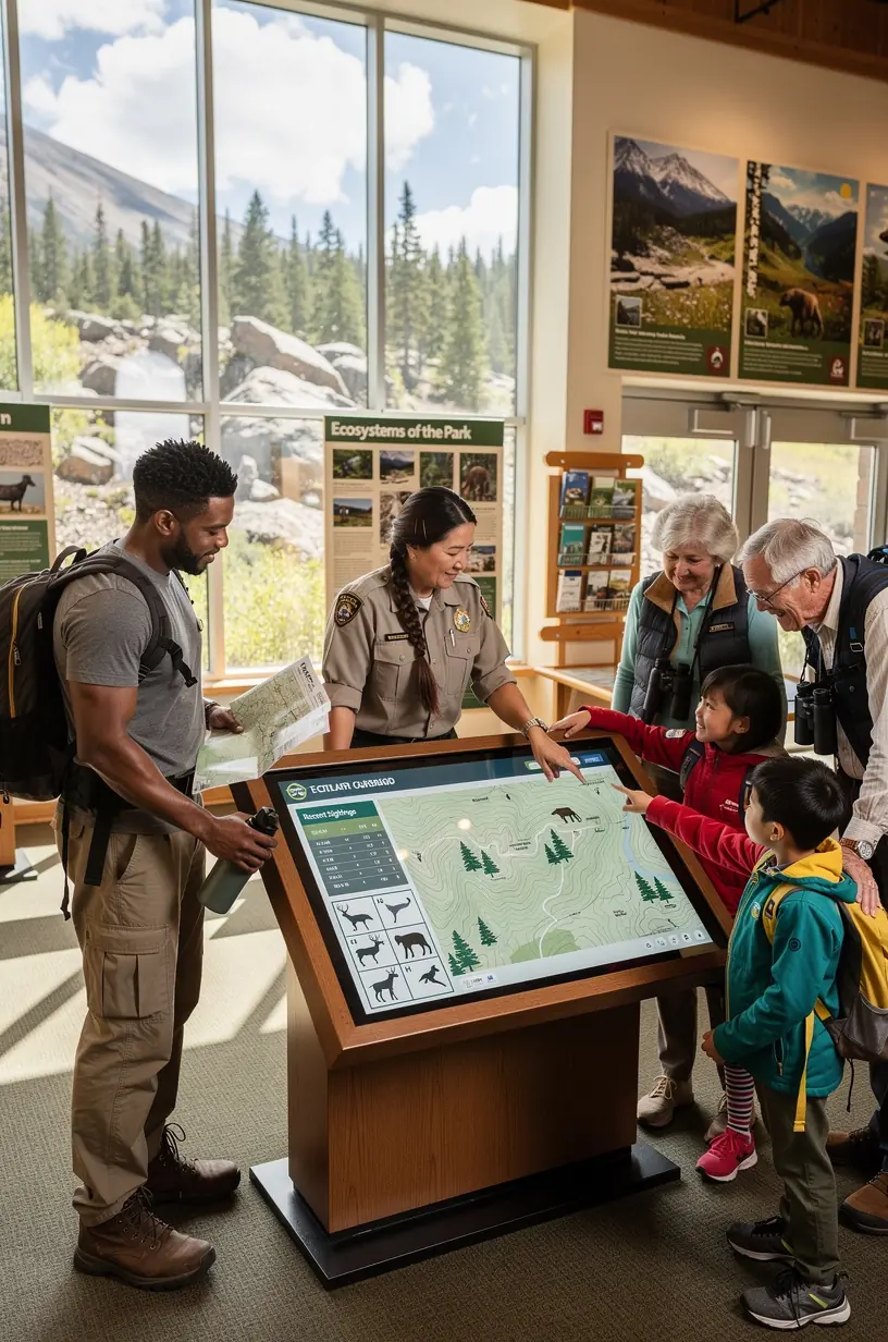 Интерьер пункта проката с современным туристическим снаряжением для путешествий по США.